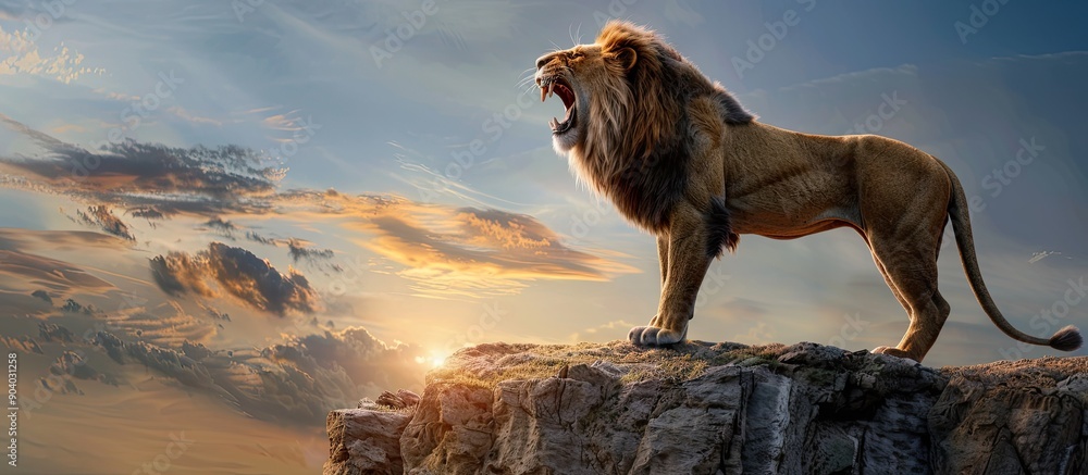 Poster a lion with a mighty roar on a rocky cliff against a sky background with copy space image