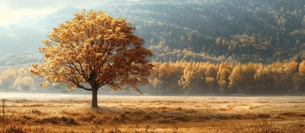 Poster autumn scenery featuring a solitary tree with naked branches set against a beautiful fall landscape 