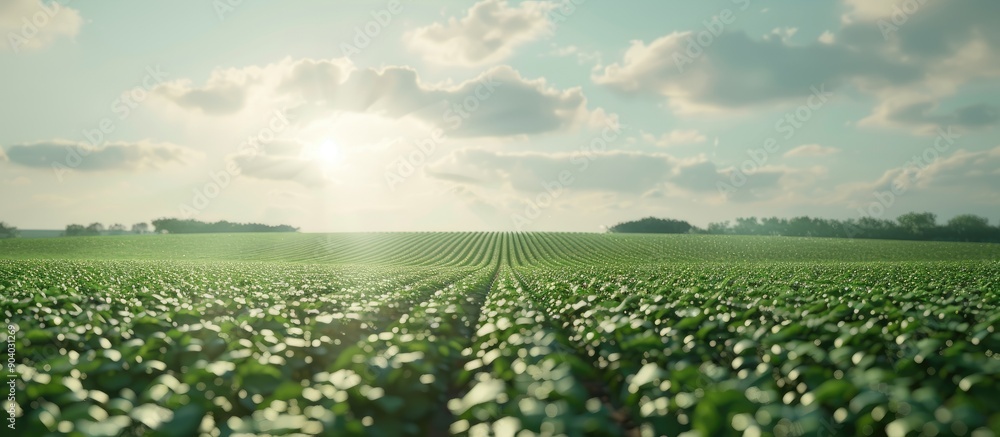 Poster spring season in an agricultural landscape showcases a ripening soybean field with a clear sky and a