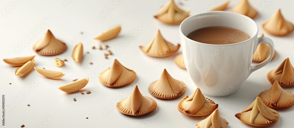 Poster Coffee cup and fortune cookies arranged on a white background with blank space for text or graphics in the picture. . image with copy space