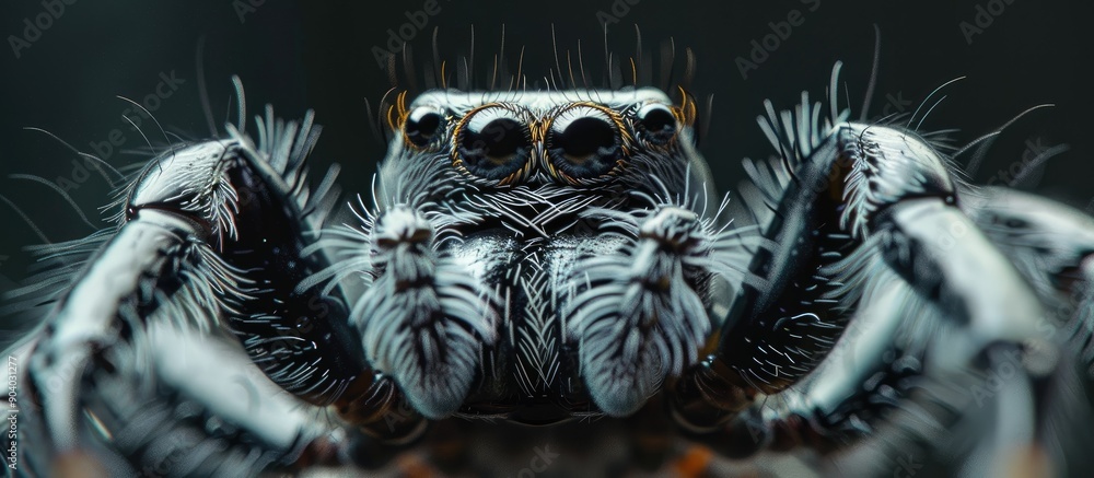 Poster Detailed close up image showing a jumping spider known as Hyllus Diardi or Phidippus regius with ample copy space in the frame