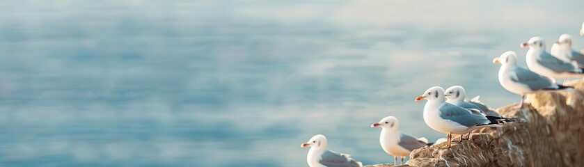 Fototapeta premium Seagulls perched on a cliff overlooking the calm ocean, catching the serene morning sunlight. Perfect for nature and coastal photography themes.