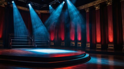 A dramatic stage setting with illuminated blue and red lights, showcasing a circular platform against elegant columns.