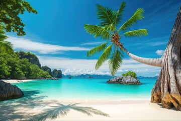 Lush tropical palm tree on a pristine white sand beach with turquoise water and rocky cliffs.