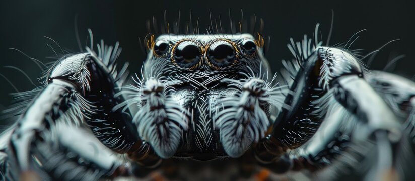 Detailed close up image showing a jumping spider known as Hyllus Diardi or Phidippus regius with ample copy space in the frame
