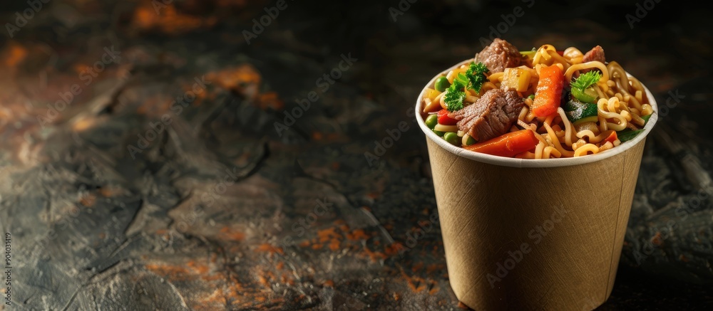 Poster Instant ramen noodles with beef and vegetables in a paper cup with space for adding images. . image with copy space