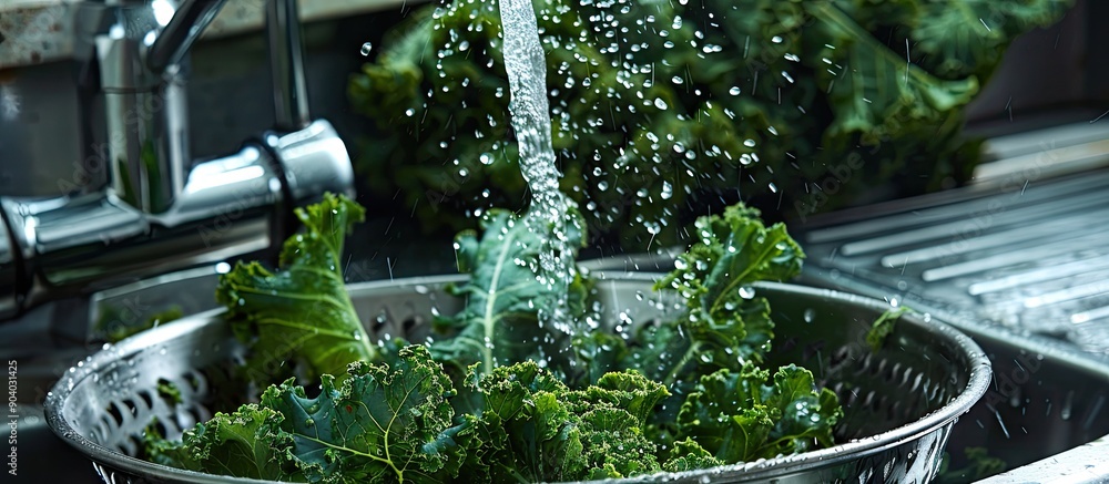 Poster preparing fresh organic kale is being washed in a colander under the tap in the kitchen sink providi