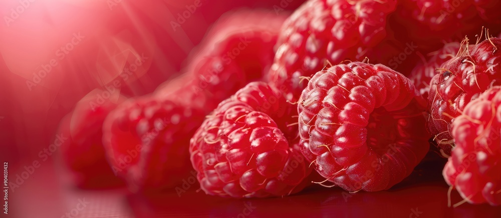 Poster Close up image of ripe organic raspberries on a red background focusing on macro details and conveying a concept of harvest with copy space image