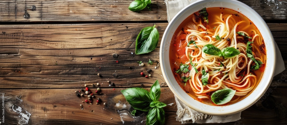 Aufkleber A bowl of tomato soup noodles is set on a rustic wooden table with a blank space available for an image. . image with copy space