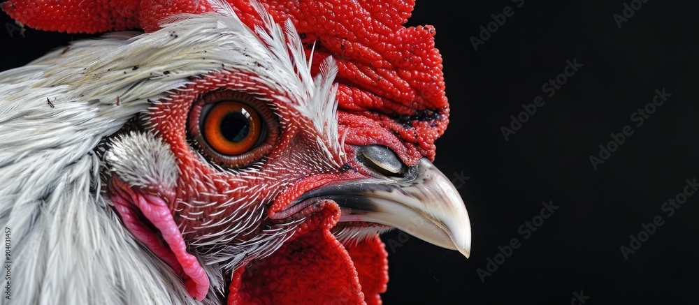 Poster close up of a carijo chicken s face featuring white plumage grey markings and a vibrant red crest in