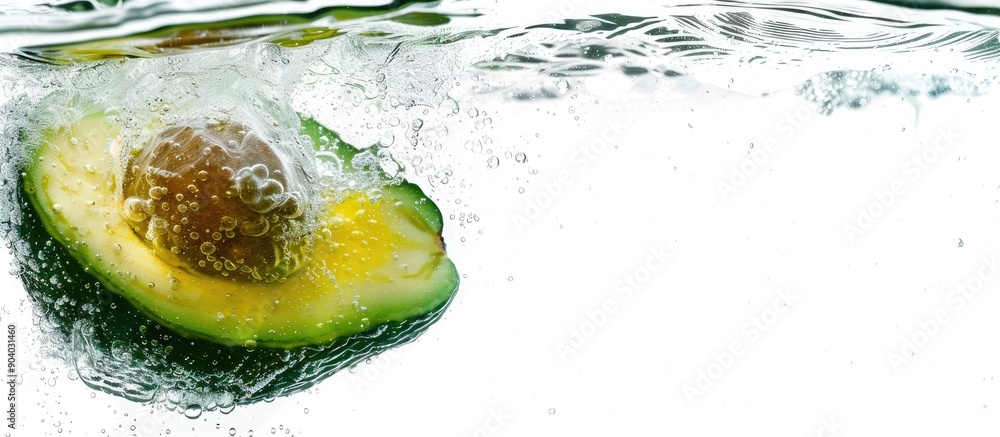 Poster an avocado submerged in water against a white backdrop offering copy space image