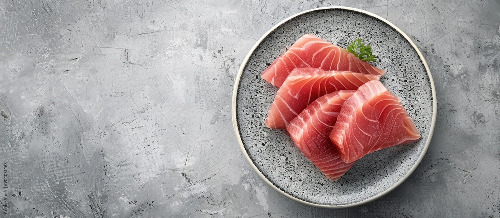 Poster Sliced Otoro a luxurious type of fatty tuna beautifully presented on the plate with a blank space for text or design creating a stunning copy space image