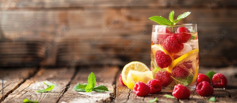 Poster detox fruits infusing water with ice raspberries lemon and mint on a wooden background in a refreshi