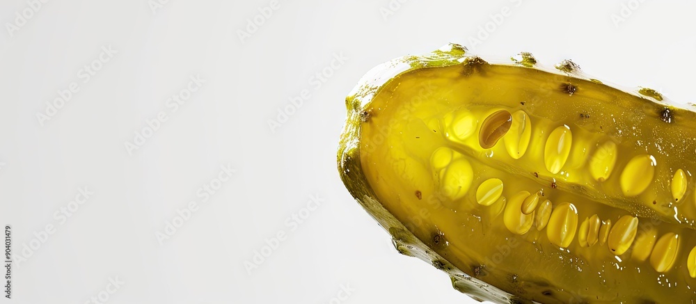 Poster close up of a pickled cucumber with copy space image on a white background