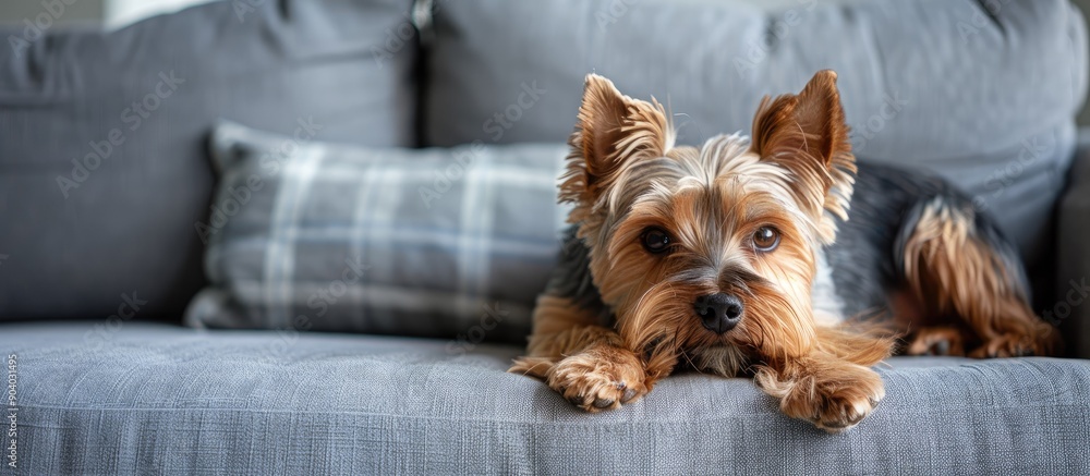 Poster A Yorkshire Terrier dog lounging on a gray sofa with a spacious background for copy space image