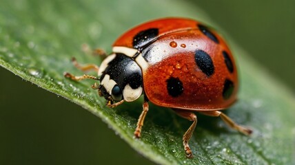 Obraz premium Close-up of a ladybug perched on a green leaf, showcasing its vibrant red shell and distinctive black spots.