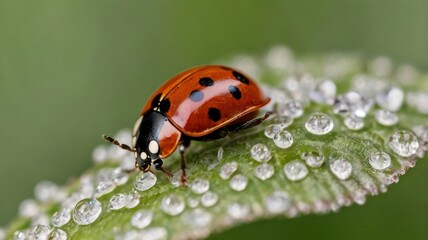Fototapeta premium A close-up of a ladybug resting on a dewy green leaf, showcasing its vibrant red body with distinct black spots.
