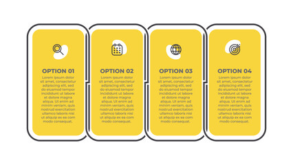 Vector infographic template featuring yellow rectangles with thin line processes, marketing icons, and 4 steps or options.