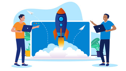 Fototapeta premium Computer project launch - Two businesspeople looking at computer with rocket ship going up to the sky, smiling and feeling happy about business takeoff. Flat design vector illustration