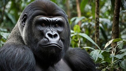 Obraz premium A majestic male gorilla resting in dense jungle foliage, showcasing powerful features and a calm demeanor.