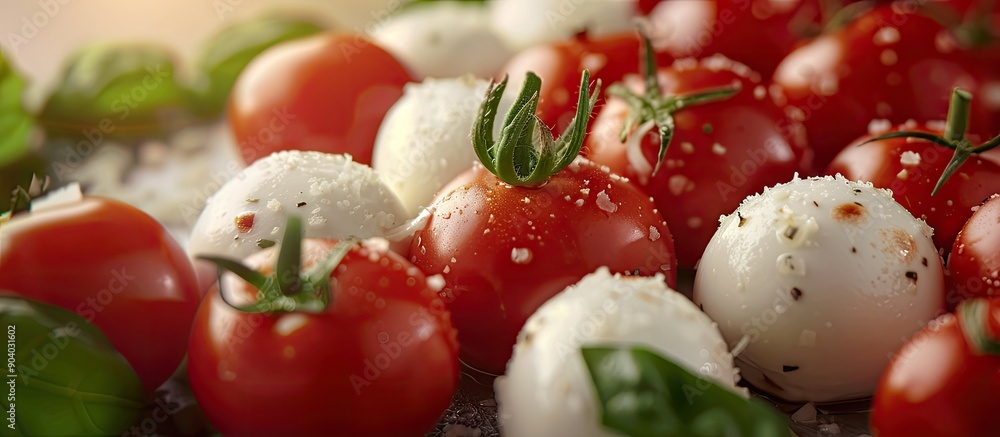 Poster Close up image of tomatoes and mozzarella cheese with selective focus providing plenty of copy space