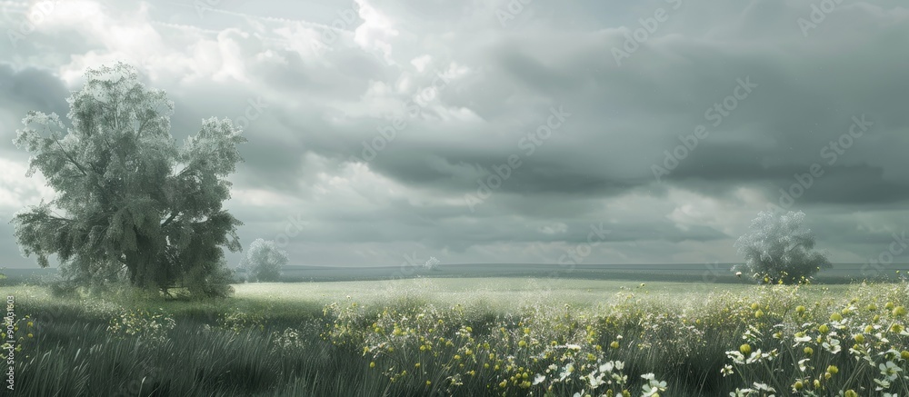 Aufkleber a serene countryside scene depicting a blooming rapeseed field under a cloudy sky hinting at an impe