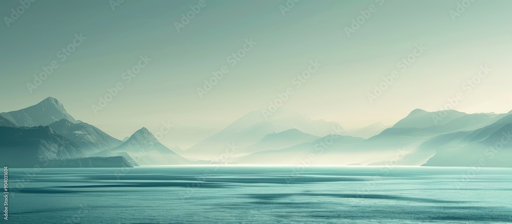 Poster mountain silhouettes fade into hazed horizon blending sea and sky in a mesmerizing copy space image