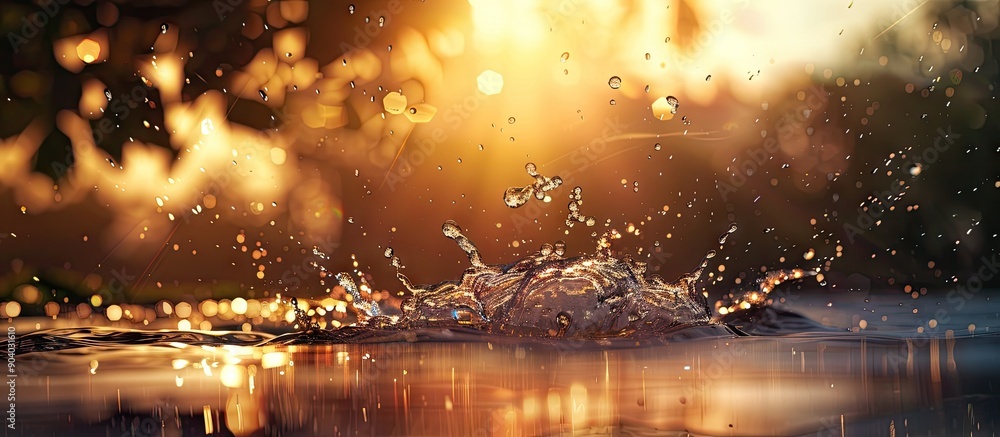 Poster morning sunlight illuminates a water drop splashing creating a captivating image with copy space