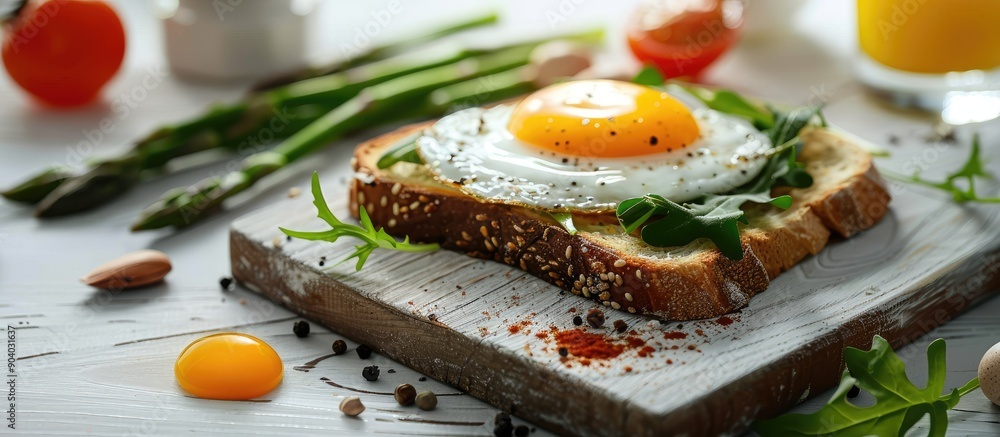 Poster a sunny side up egg on toast with cheese asparagus rocket tomato and orange juice on a rustic white 