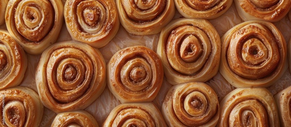Poster freshly baked cinnamon rolls with a golden brown hue arranged on a baking sheet with copy space imag