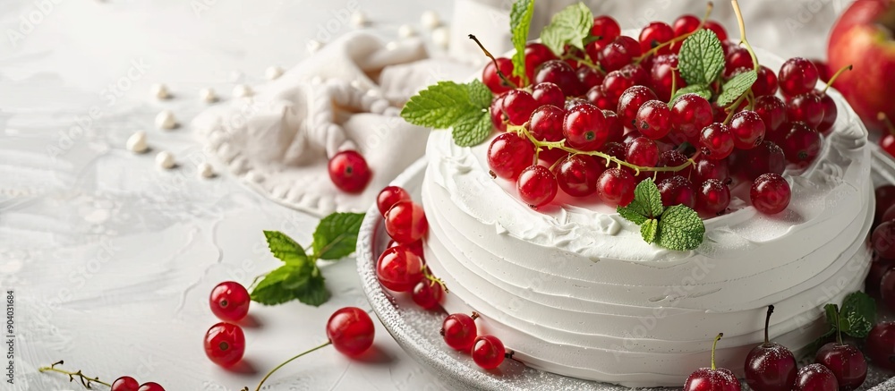 Aufkleber Close up image of a white cake adorned with red currants and mint leaves placed next to assorted fruits with copy space image