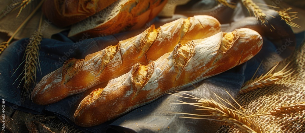 Poster Slices of baguette rest on a dark jute napkin near some wheat spikelets creating a rustic vibe in the image. . image with copy space
