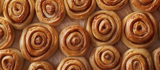 Fototapeta premium Freshly baked cinnamon rolls with a golden brown hue arranged on a baking sheet with copy space image