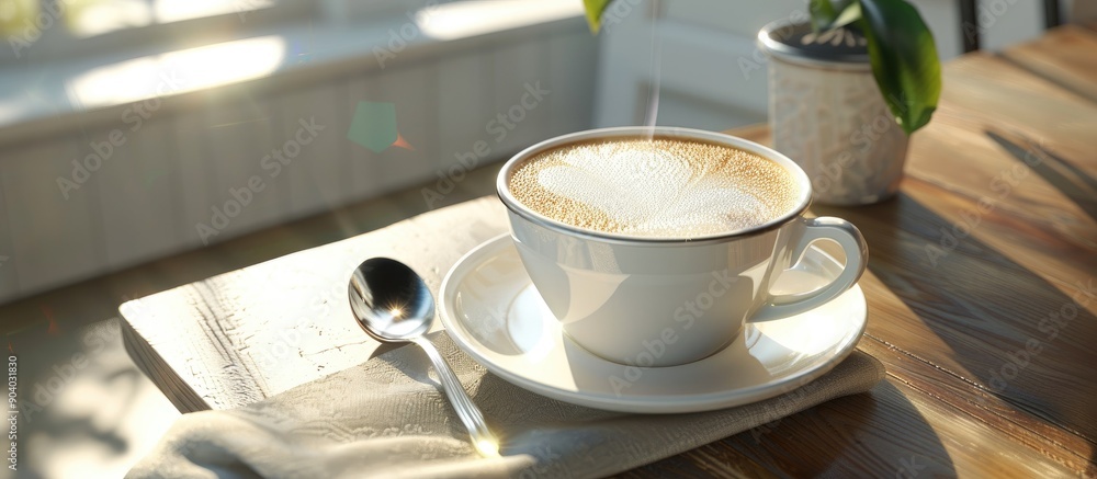Poster A white cup of cappuccino coffee with foam is placed on a table in a cafe or restaurant next to a shiny spoon creating a charming scene with copy space image available