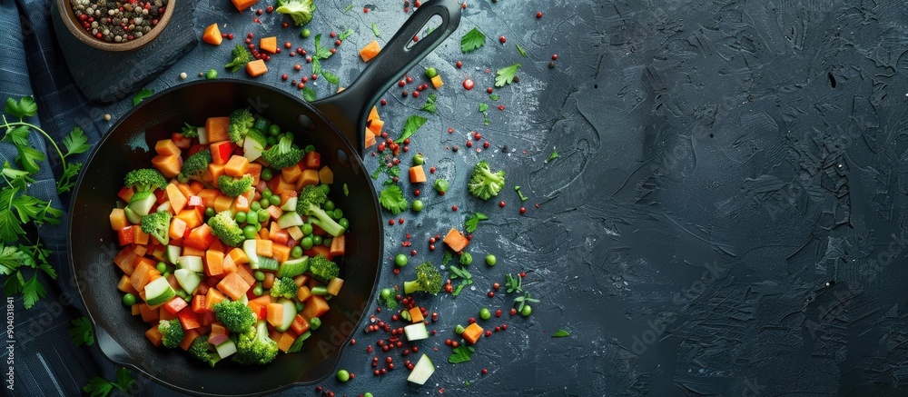 Poster sauteing chopped veggies in a skillet with copy space image