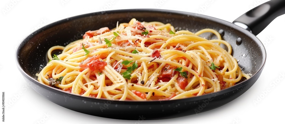 Poster delicious carbonara pasta displayed in a frying pan against a white background ideal for a copy spac