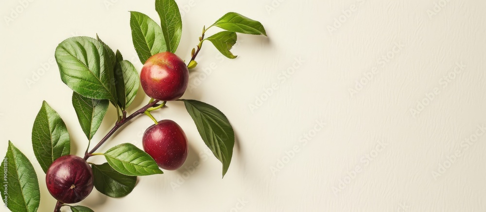 Poster maprang fruit also known as marian plum showcased with green leaves against a white backdrop emphasi