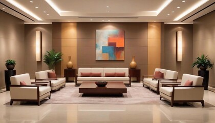 Fototapeta premium Elegant corporate lobby with contemporary furniture and abstract art 
