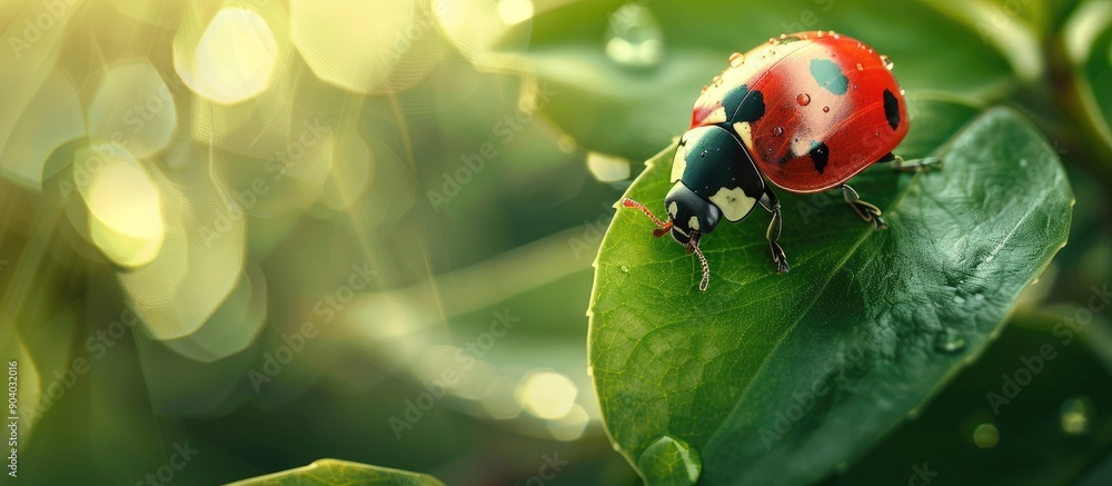 Poster Close up shot of a ladybug on a leaf with copy space image