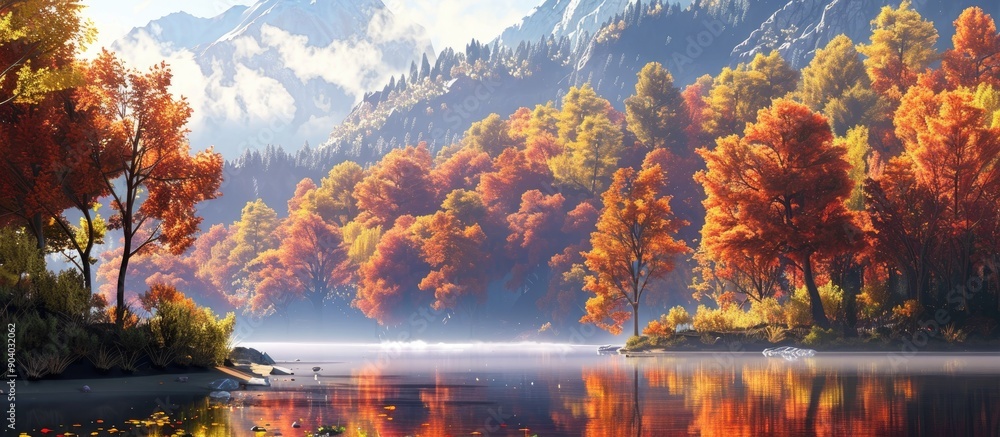 Poster Trees displaying their autumn colors amidst a scenic backdrop perfect for a copy space image