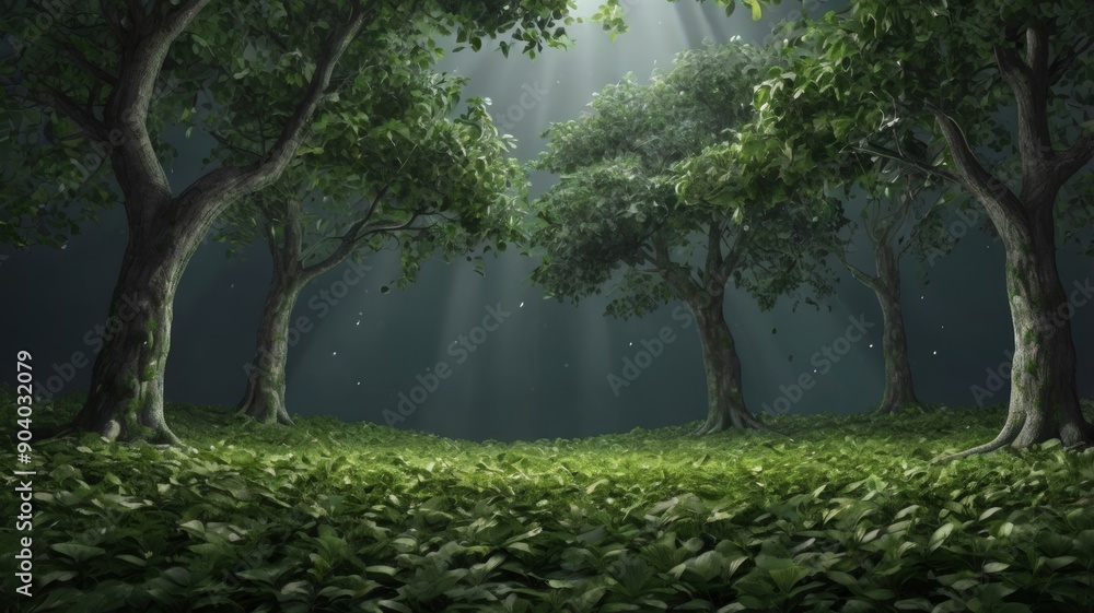 Poster a serene forest scene with vibrant green trees illuminated by soft sunlight, creating an enchanting 