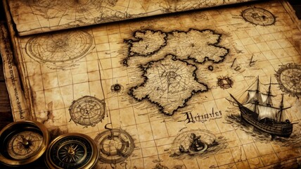Fototapeta premium Antique map featuring uncharted islands and a vintage ship, set against a textured parchment background.