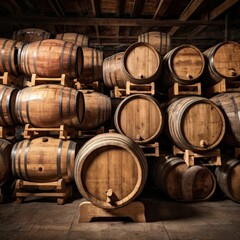 Close-up of aged wooden barrels stacked in a rustic, dimly lit cellar, exuding a warm, inviting atmosphere.