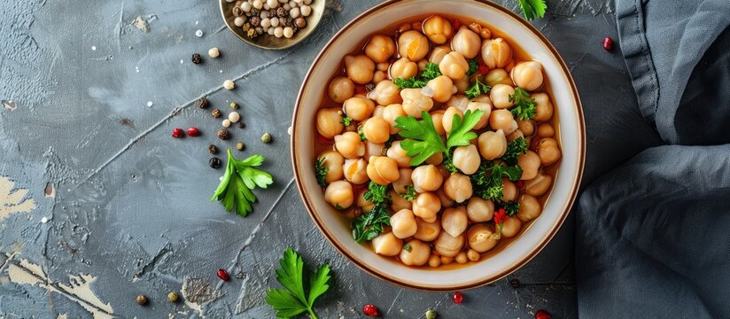 Vegetarian dish featuring chickpeas or beans with copy space image