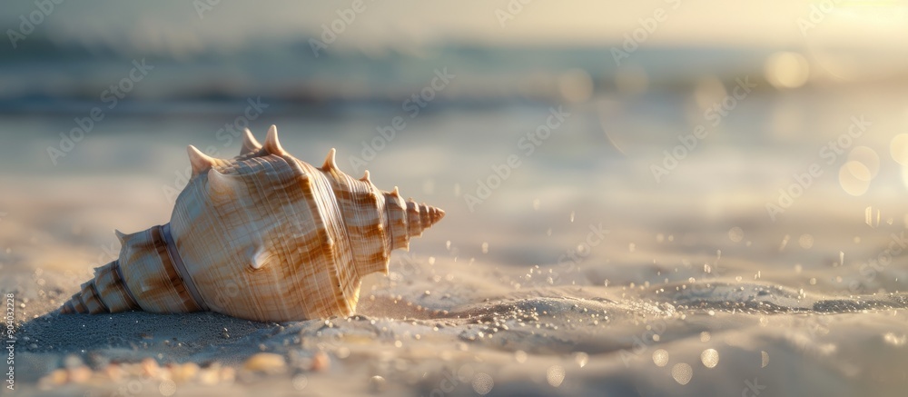 Poster Selective focus creates a blurred background emphasizing a conch shell on the sandy beach in the center of the copy space image