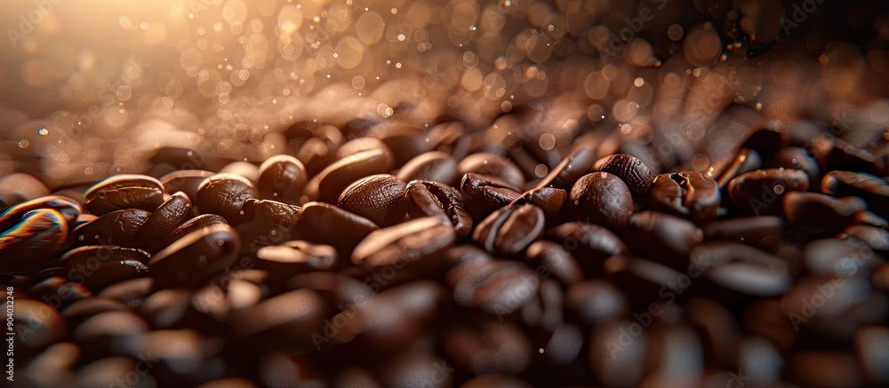 Poster An out of focus up close image of roasted coffee beans with a copy space image