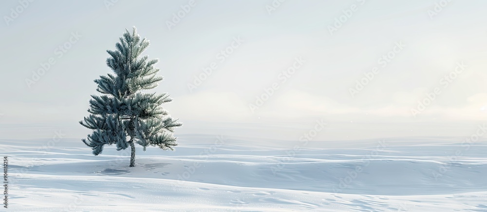 Poster a lone pine tree standing in a snowy landscape amidst a backdrop of white providing an ideal copy sp