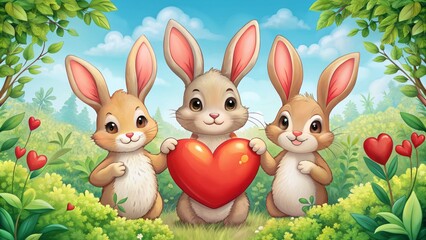 Obraz premium Adorable cartoon hares sit together holding heart-shaped balloon, surrounded by lush greenery, perfect for Valentine's Day cards, invitations, and scrapbooking projects.