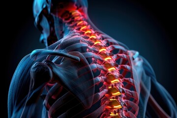 This digital image presents the lumbar section of a human spine with vivid marks indicating intense inflammation or pain, focusing on the intricate structure and nerve clusters.