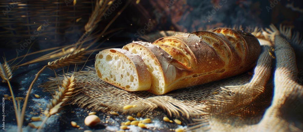 Poster Slices of baguette rest on a dark jute napkin near some wheat spikelets creating a rustic vibe in the image. . image with copy space